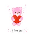 Valentine`s day pink teddy bear with red heart and I love you text. Baby shower, baby gender reveal, baby birthday, first year, t- Royalty Free Stock Photo