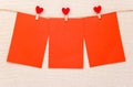 Valentine`s day, postcard, restaurant menu, Three rags with red hearts on a clothesline, three red backgrounds for text and photos Royalty Free Stock Photo