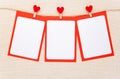 Valentine`s day, postcard, restaurant menu, Three rags with red hearts on a clothesline, three red backgrounds for text and photos Royalty Free Stock Photo