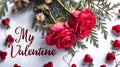 Valentine's day postcard with text 'my valentine' and two red roses with hearts, AI Royalty Free Stock Photo