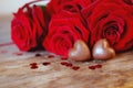 Valentine`s Day present chocolate heart candies and red roses Royalty Free Stock Photo