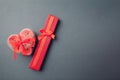 Valentine`s day presents. Red gift box and heart shaped box with soap roses