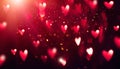 Valentine`s Day red Background. Holiday Blinking Abstract Valentine Backdrop with Glowing Hearts. Heart Shape Bokeh Royalty Free Stock Photo