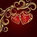 Valentine`s day red golden background with hearts and flowers.