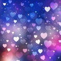 Valentine`s Day romantic backdrop of many hearts. Blue blur background with magenta and pink, gradient, vector Royalty Free Stock Photo
