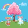 Valentine s Day romantic couple of lovely mice in love, cartoon animals characters boy mouse, love-tree, rainbow and