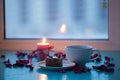 Valentine`s Day, romantic dinner - big cup of coffee and cake Royalty Free Stock Photo