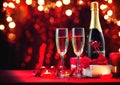 Valentine`s Day romantic dinner. Champagne, candles and gift box over holiday red background. Wedding celebrating. Birthday