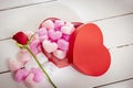 Romantic heart shapes present box with red rose Royalty Free Stock Photo