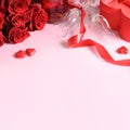 Valentine's day romantic set, red roses, gift, chocolate sweets. Royalty Free Stock Photo