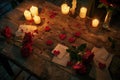 Valentine's Day romantic setting with red roses, candles, chocolates, and love letters Royalty Free Stock Photo