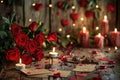 Valentine's Day romantic setting with red roses, candles, chocolates, and love letters Royalty Free Stock Photo