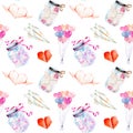 Valentine`s Day romantic watercolor elements seamless pattern Royalty Free Stock Photo