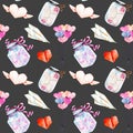 Valentine`s Day romantic watercolor elements seamless pattern: air balloons, origami, hearts, glass jars