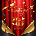 Valentine`s day sale background page curl style with red gold theme, calligraphy