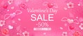 Valentine`s day sale background with pink hearts, roses, cherry blossoms. Design for flyer, card, invitation, banner.