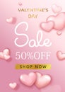 Valentine`s day sale background with red and pink hearts. Discount, shop promotion template.