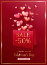 Valentine`s day sale background with red and pink hearts. Discount, shop promotion template.