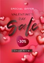 Valentine`s day sale background with red and pink hearts. Discount, shop promotion template.