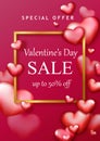 Valentine`s day sale background with red and pink hearts. Discount, shop promotion template.