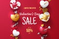 Valentine`s day sale background template with 3D hearts, love arrow and gift box.