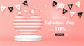 Valentine`s day sale banner. Background elements for advertising decorated with marble podium, heart shape, flag fancy.