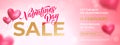 Valentine`s day sale banner background. Valentines day lettering promo design, heart balloon background