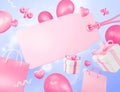 Valentine`s day sale banner concept design of blank tag label gift box shopping bag and balloons with hearts 3D render Royalty Free Stock Photo