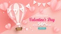 Valentine`s day sale banner. Cute hot air balloons decorated with basket, Paper hearts pink and white. Fancy flags with text love. Royalty Free Stock Photo