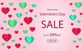 Valentine`s day sale banner. Love background with hanging hearts. Design offer gift card for happy Valentine`s day. Paper cut