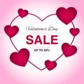 Valentine`s Day sale banner, poster with discount offer, text and pink hearts on isolated background