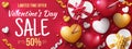 Valentine`s day sale banner template with 3D hearts, love arrow, and gift box.