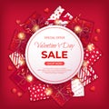 Valentine`s Day Sale flyer template. Poster, card, label, background, banner on circle frame with gifts boxes, garland, heart shap