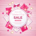 Valentine`s Day Sale flyer template. Poster, card, label, background, banner on circle frame with gifts boxes, garland, heart