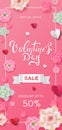 Valentine`s Day sale flyer template. Vertical banner with paper hearts and flowers on pink background. Handwritten lettering Royalty Free Stock Photo