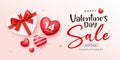 Valentine`s day sale, gift box heart shape red ribbon, and heart ball banners design background Royalty Free Stock Photo