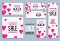 Valentine`s Day sale header and poster set with 65% discount offer and decorative paper balloons. Royalty Free Stock Photo