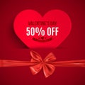 Valentine`s day sale, heart shape and red ribbon bow, advertisement banner, vector illustration Royalty Free Stock Photo