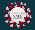 Valentine`s day sale. Love 3d hearts in circle design concept banner template background.