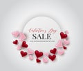 Valentine`s day sale. Love 3d hearts in circle design concept banner template background.