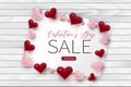 Valentine`s day sale. Love hearts design concept background with wooden texture