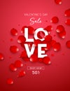 Valentine`s day sale, love message on red rose petal flyer poster design on red background Royalty Free Stock Photo