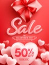 Valentine's Day Sale 50% off Poster or banner with many sweet hearts and gift box on red background.Promotion and shopping Royalty Free Stock Photo