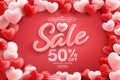 Valentine's Day Sale 50% off Poster or banner with many sweet hearts and on red background.Promotion and shopping template or Royalty Free Stock Photo