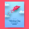 Valentine`s day sale offer banner happy travel love paper plane fly at sky paper cut style Royalty Free Stock Photo