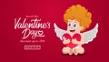 Valentine`s day sale offer banner with illustration of cupid angel cute cartoon sit down