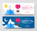 Valentine`s day sale offer banner template with illustration of hot flying balloon paper cut style with mountain Royalty Free Stock Photo