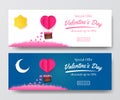 Valentine`s day sale offer banner template with illustration of hot flying balloon paper cut style with mountain Royalty Free Stock Photo