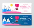 Valentine`s day sale offer banner template with illustration of hot flying balloon paper cut style with mountain Royalty Free Stock Photo