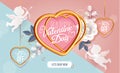Valentine`s day sale offer, banner template. Pink heart with gold metallic frame. Paper roses flowers, leaves and cupid Royalty Free Stock Photo